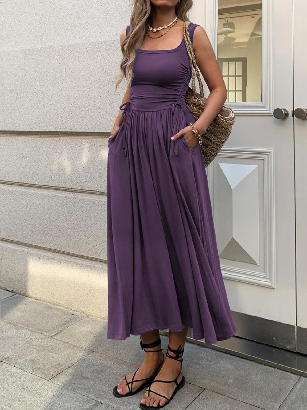 〽️Purple Women's Summer Maxi Dress Boho Sleeveless A Line Dress with Pockets - Picture 5 of 5